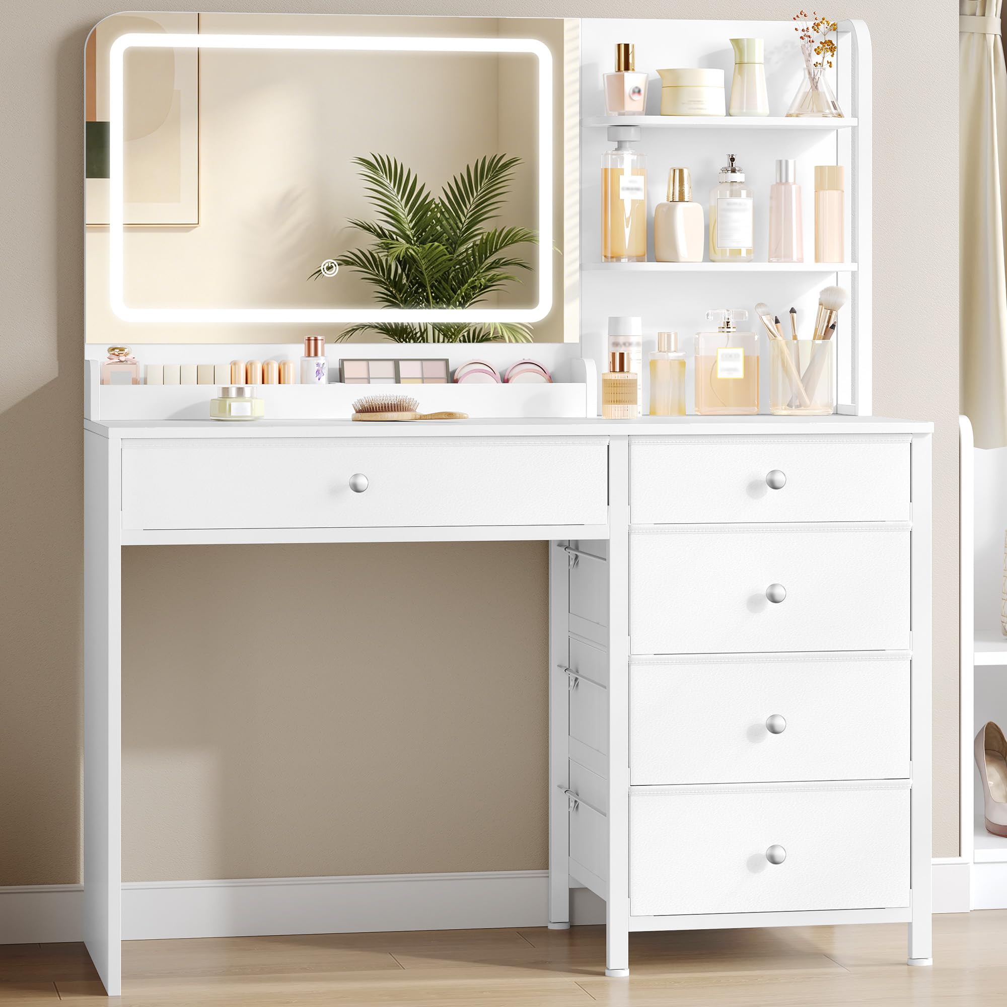 Hzuaneri Coiffeuse avec Éclairage LED, Coiffeuse avec Grand Miroir, Blanc