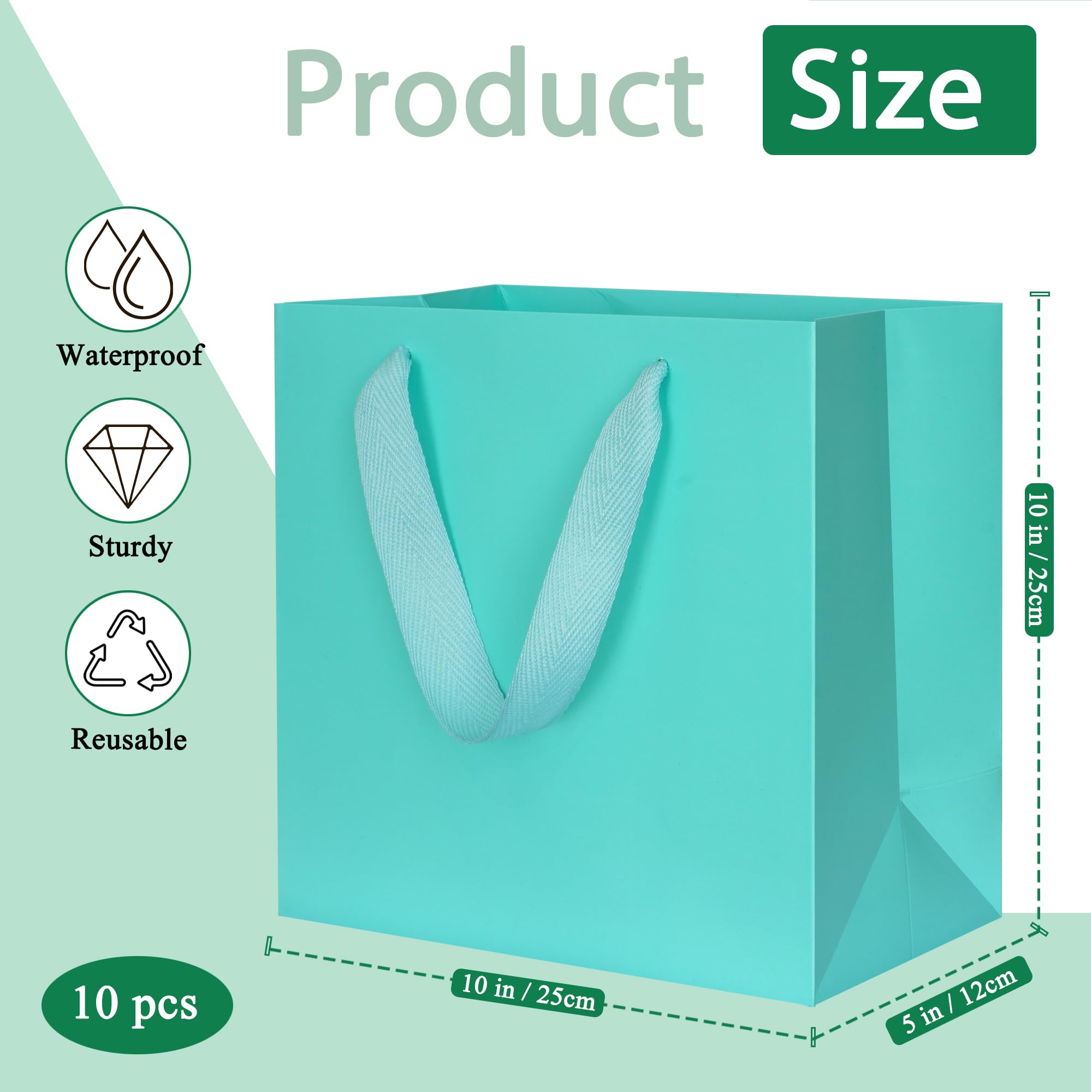 KEYYOOMY Teal Blue Gift Bags with Handles, Square Body Wide Bottom Kraft Paper Gift Bags Party Favor Bags for Wedding Birthday Christmas Shopping Business (10CT, 10x10x5 in, Teal Blue)