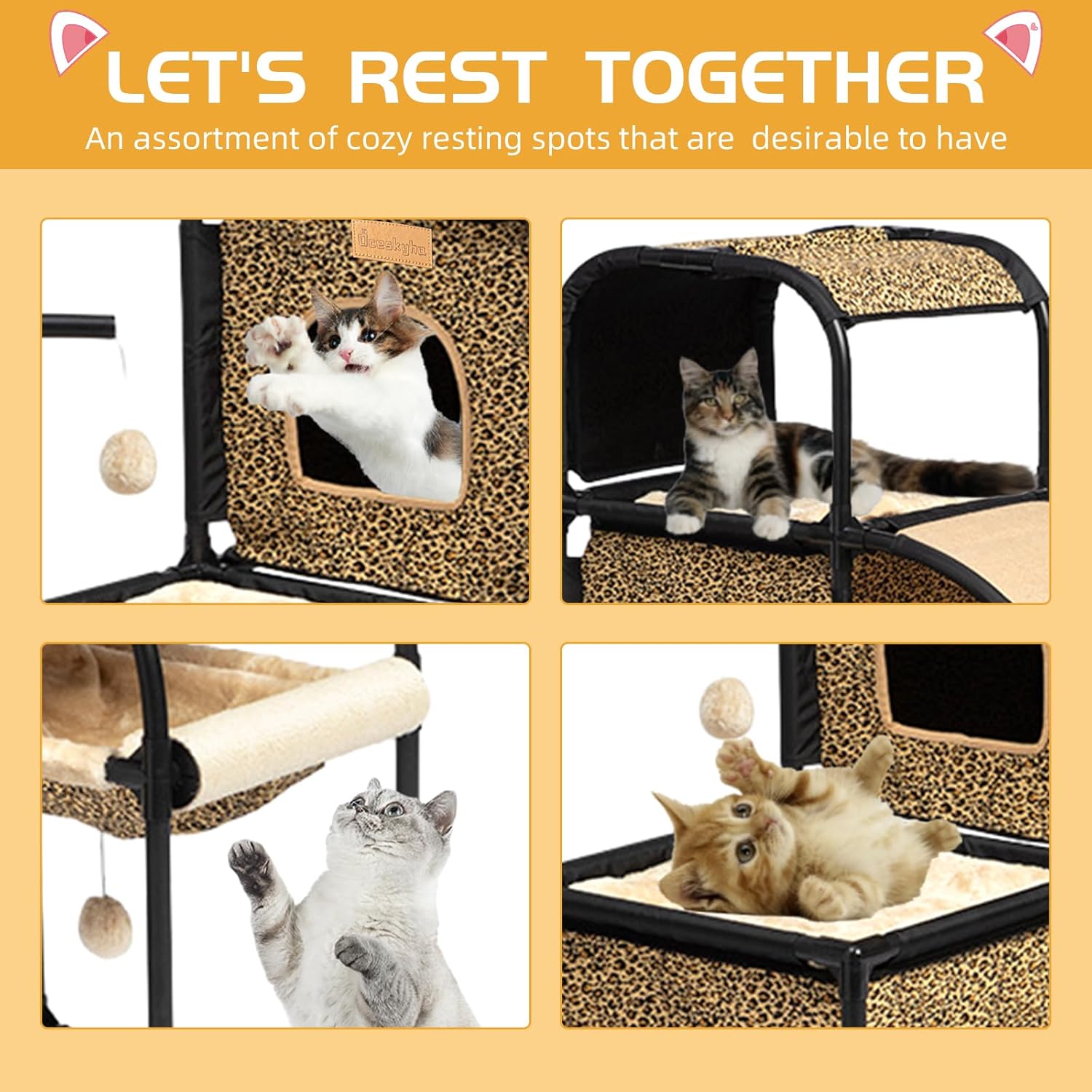 review Cat Tree for Large Cat Indoor, Cat Tower, Cat Condo, Two Cat Perch, Two Cat Caves, Soft Cat Basket, Sisal Scratching Stairs, Toys(Leopard 02)