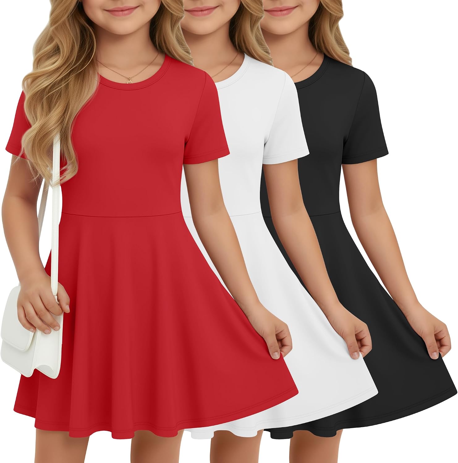 Halfchet 3 Pack Girls Dress Short Sleeve Swing Skater Twirl Crewneck Summer A Line Flared Kids Basic Dresses for 5-14 Years