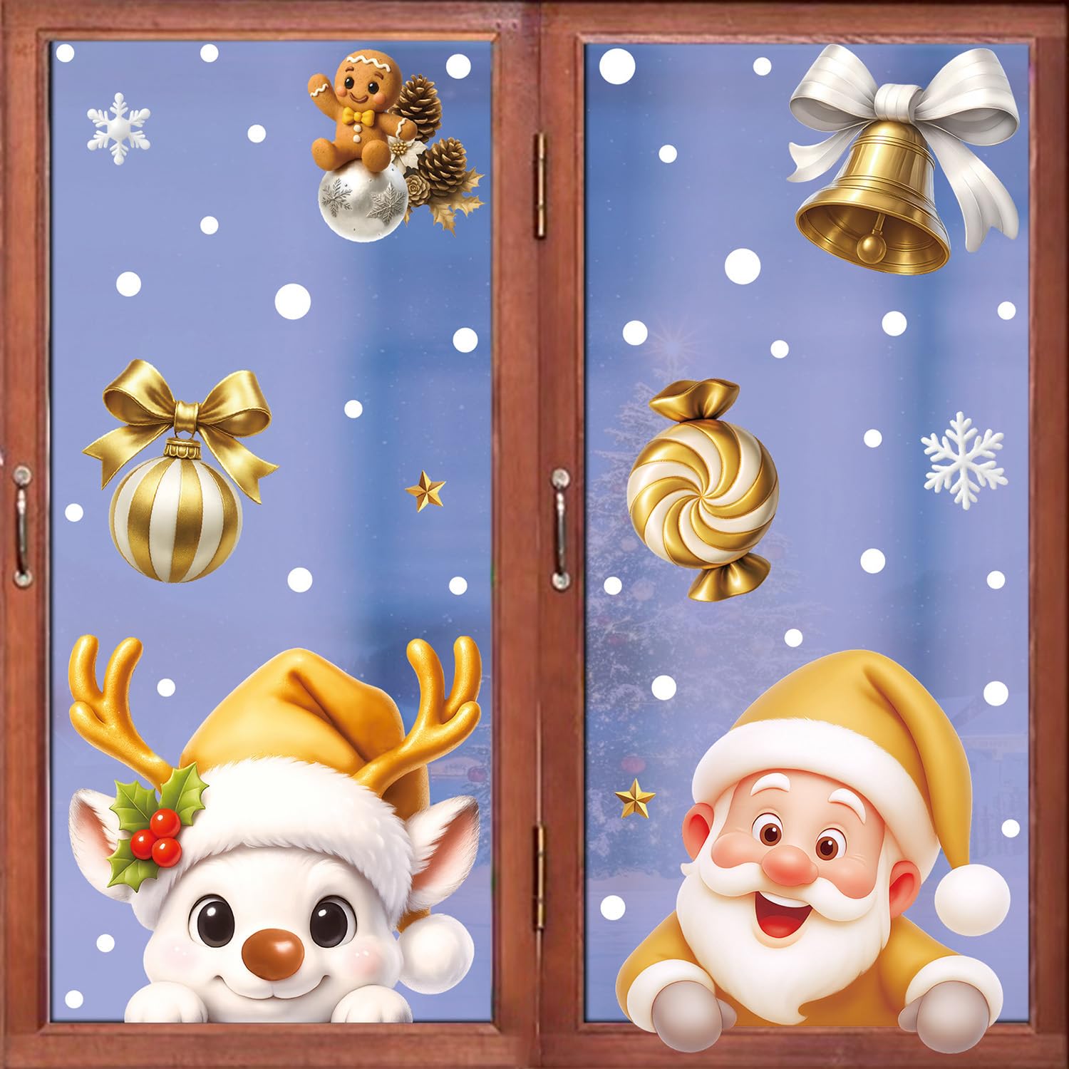 2 Bögen goldene Weihnachts-Fensteraufkleber, groß, Winter-Fensteraufkleber, Weihnachtsmann, Elch, Glocke, Süßigkeiten, Lebkuchenmann, Designs, doppelseitige Schneeflocken-Fensteraufkleber für Urlaub