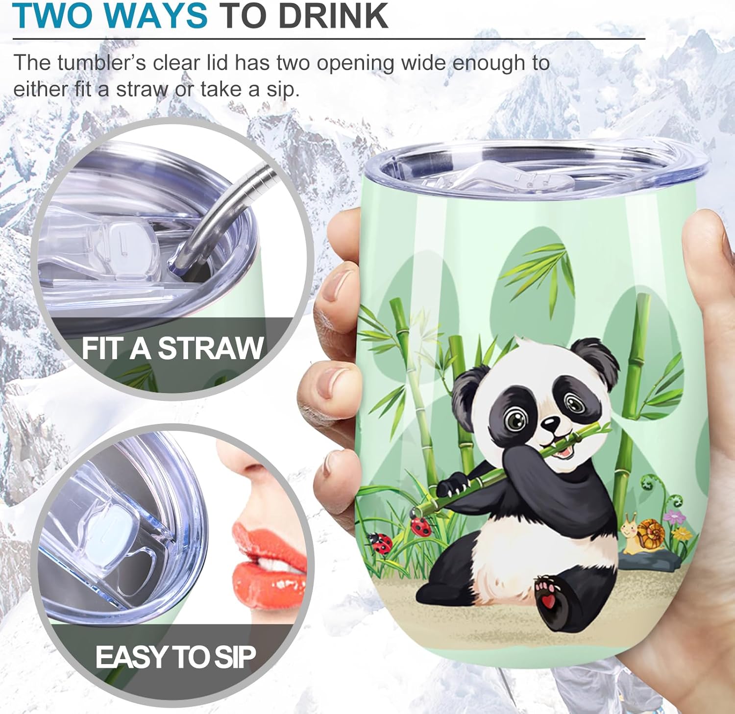NymphFable 12oz Panda Gifts Wine Tumbler with Lid and Straw Insulated Stainless Steel Panda Cups - Image 4