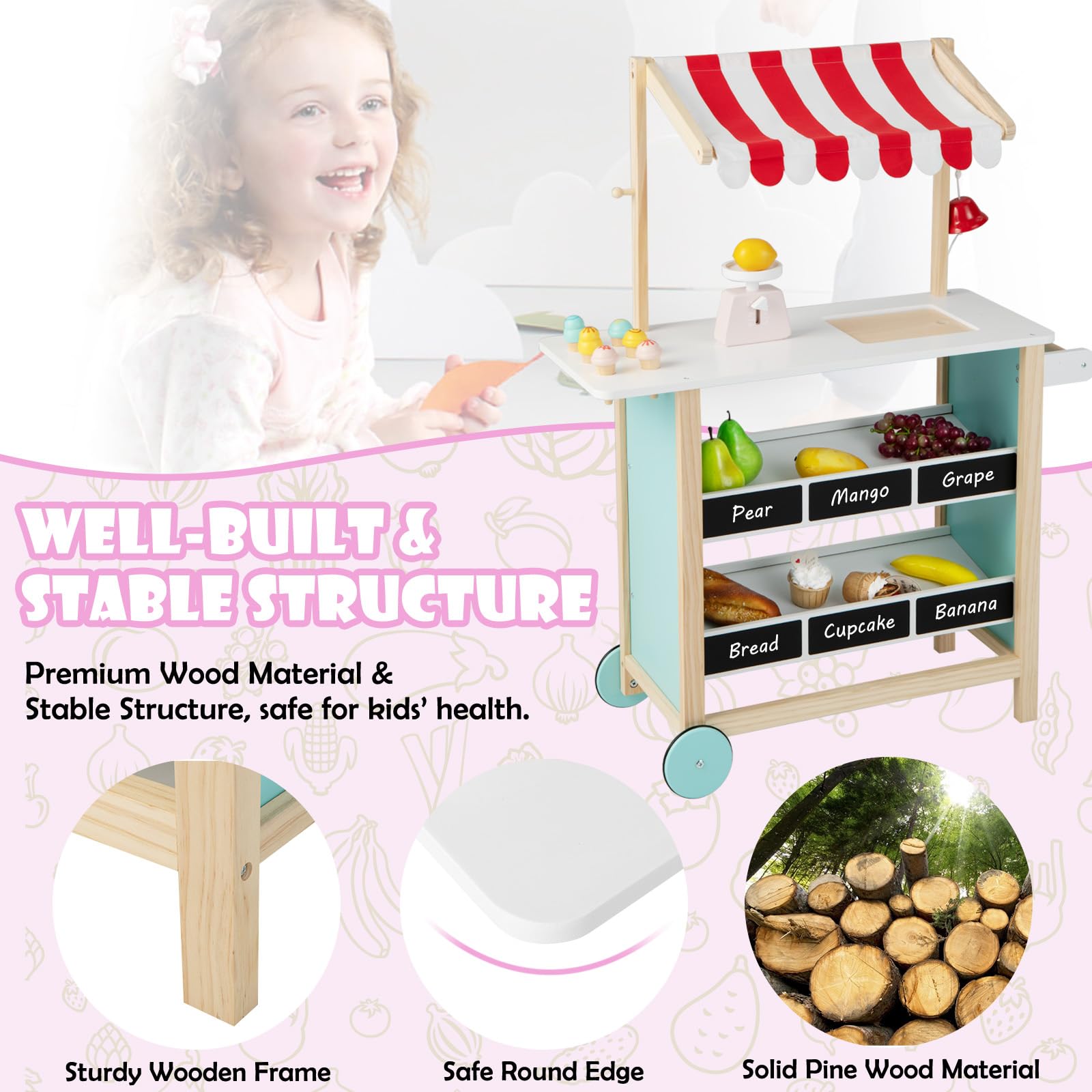 HOMASIS Gelato Truck per Bambini, Negozio di Giocattoli con 6 Gelati, Gelateria con Ruote e Tenda Regolabile, Carrello della Spesa in legno, Set di Bancarella Gioca per Bambini, 3+ Anni (Rosso)