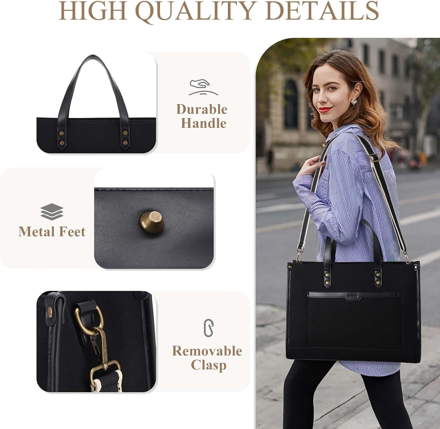RAVUO Laptop Tote Bag for Women, Water Resistant 15.6 Inch Large Canvas Handbag with Wallet Purse for Business Work Travel