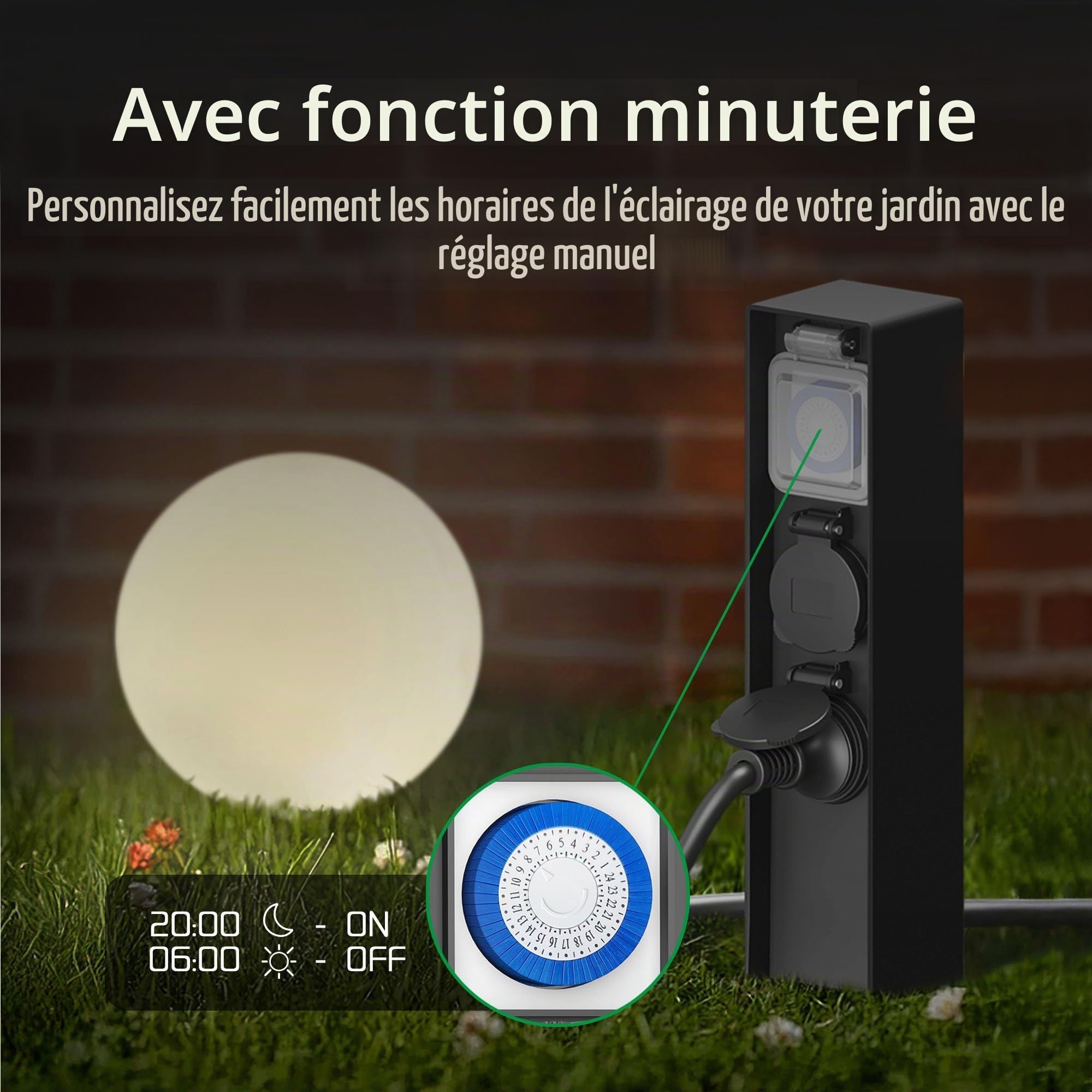 Ledvion - Prise Extérieure avec Poteau, Incl. Capteur, 2 Prises, Étanche IP44, Garantie 3 Ans