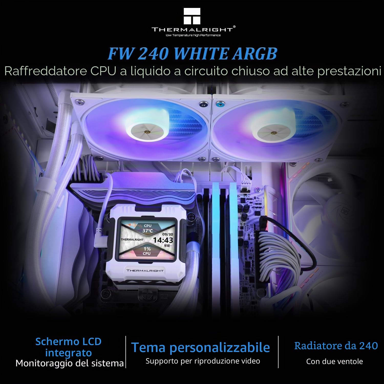 Thermalright FW 240 - Raffreddamento ad acqua ARGB bianco con 2 ventole PWM, schermo LCD IPS 320 x 240, raffreddamento AIO, raffreddamento CPU liquido per raffreddamento Intel PC Aio: AM4/AM5/LGA1700