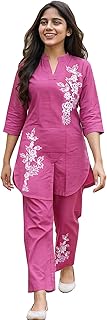 Sevgi Girl's Cotton Kurta Pant Set, with Floral Print, 3/4 Sleeve V-Neck
