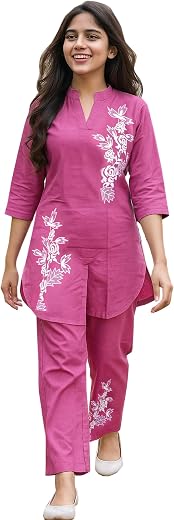 Sevgi Girl's Cotton Kurta Pant Set, with Floral Print, 3/4 Sleeve V-Neck