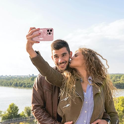 Miniatura 10 de MGQILING Funda magnética con purpurina compatible con iPhone 13 Pro, 6.1 pulgadas, funda transparente chapada en patrón de corazón de amor,