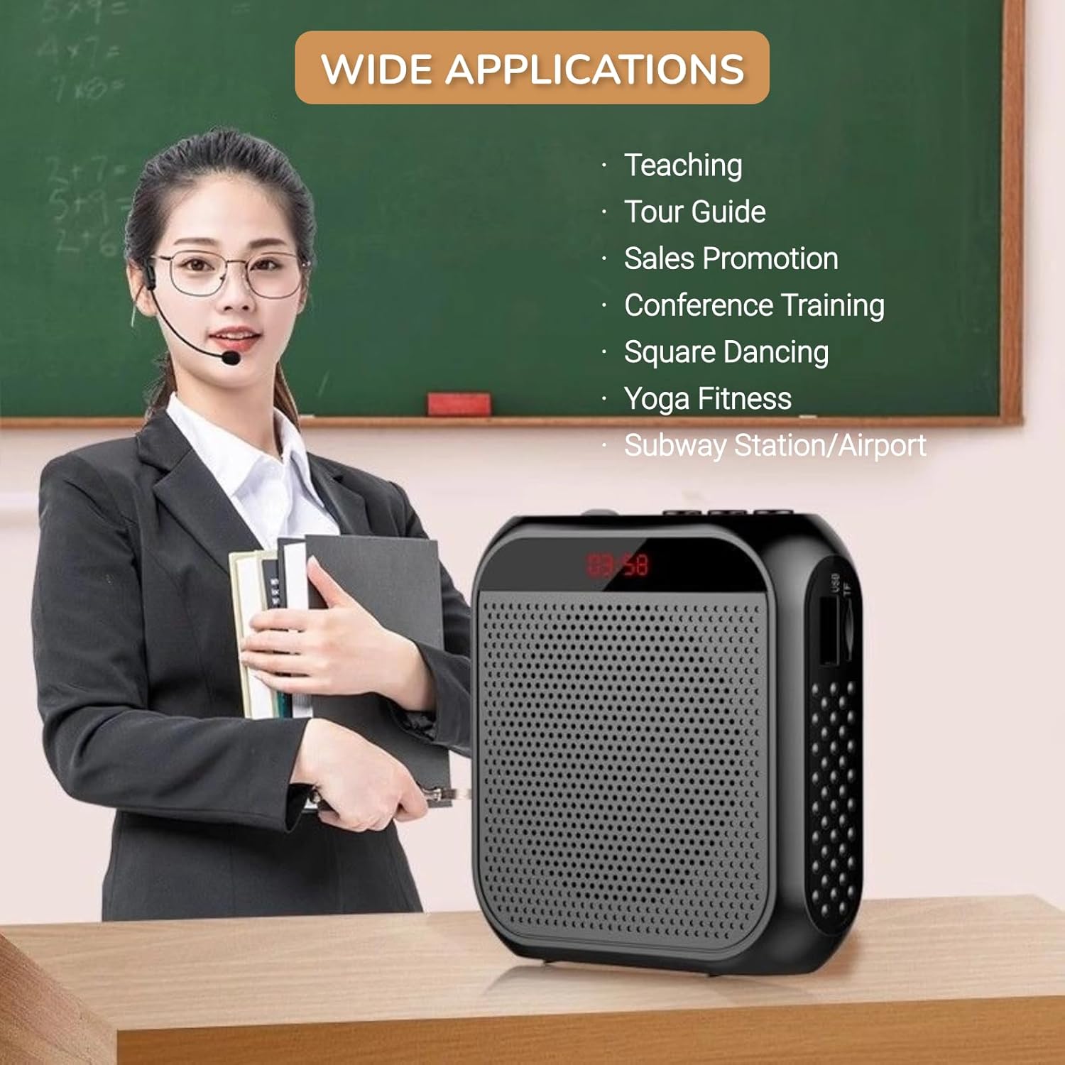 A teacher using the Yunseity Portable Voice Amplifier in a classroom setting, with a list of wide applications including Teaching, Tour Guide, Conference Training, and more.