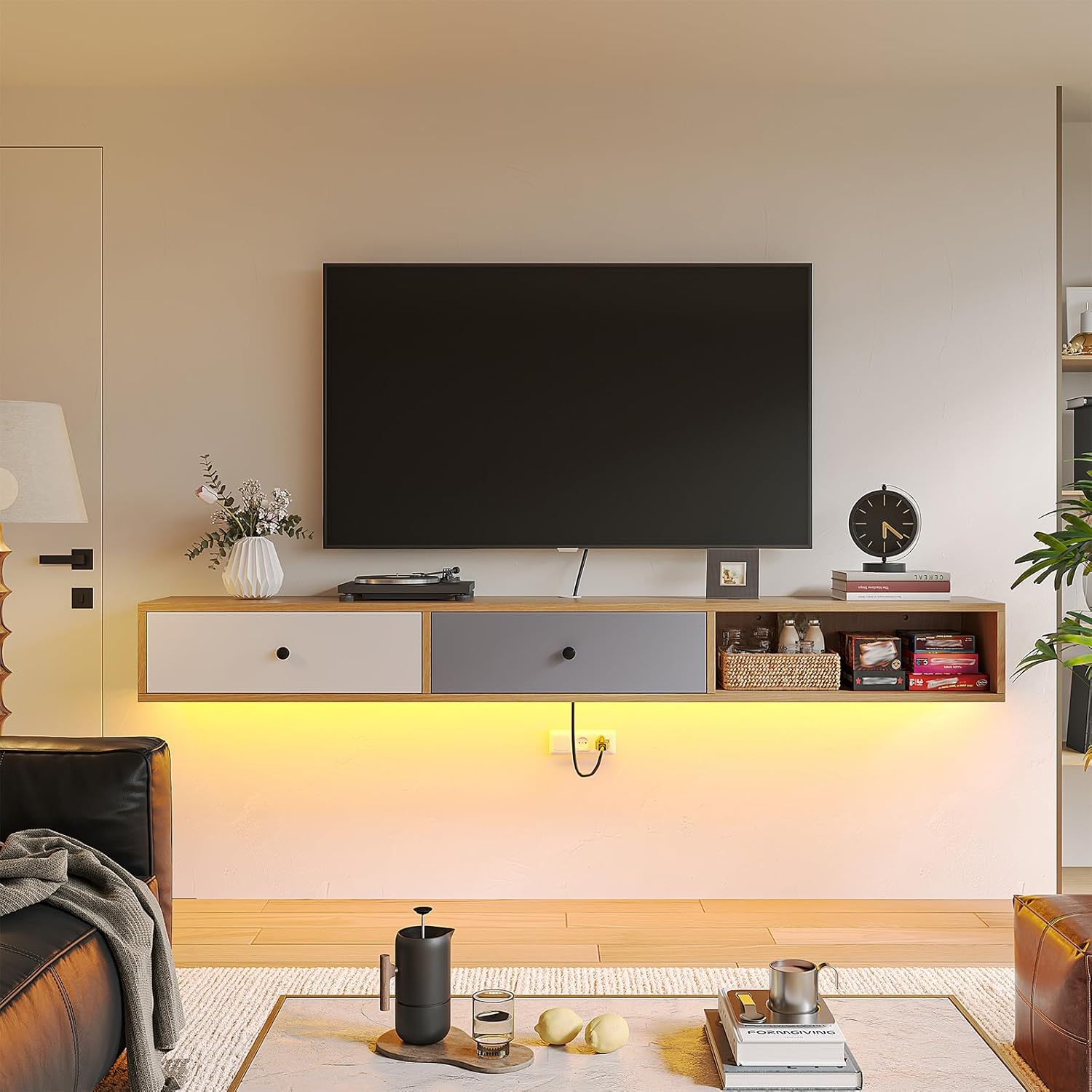 FurniNova 70" Floating TV Stand with Black Knobs, Plywood Wall Mounted Media Console for 75/80 inch TV, 2 Storage Doors & Open Shelf, Natural Wood Modern Entertainment Center for Living Room Bedroom