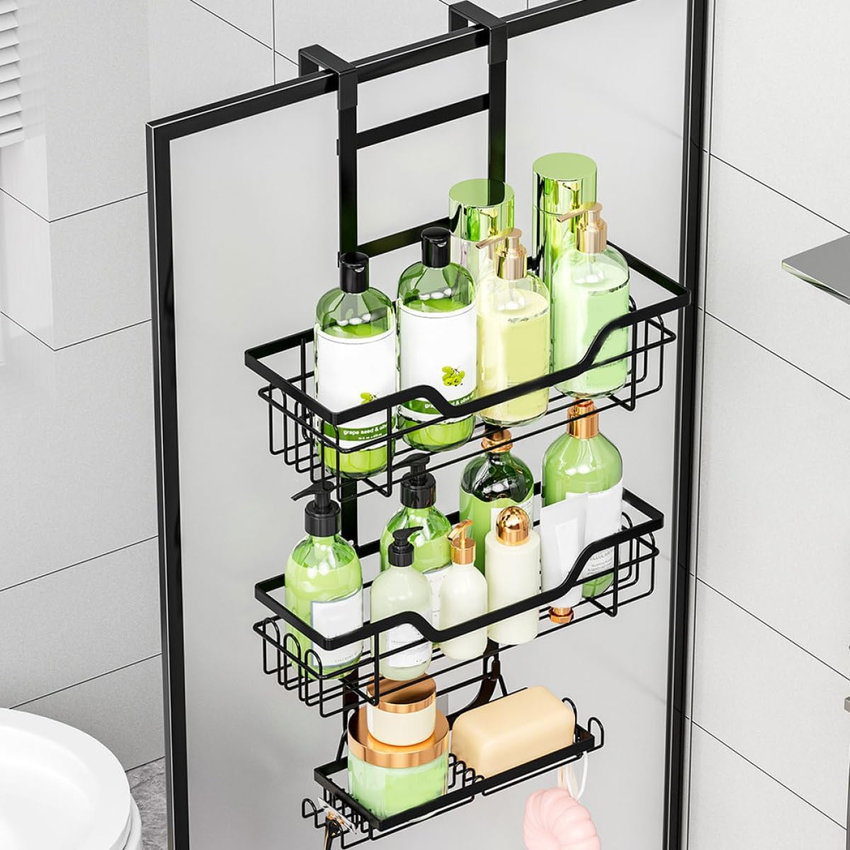 VALICLUD Door Shower Caddy 3-tier Metal Hanging Organizer Bathroom Storage Shelf Black No Drilling Hanging Bathroom Organizer over Door Towel Rack