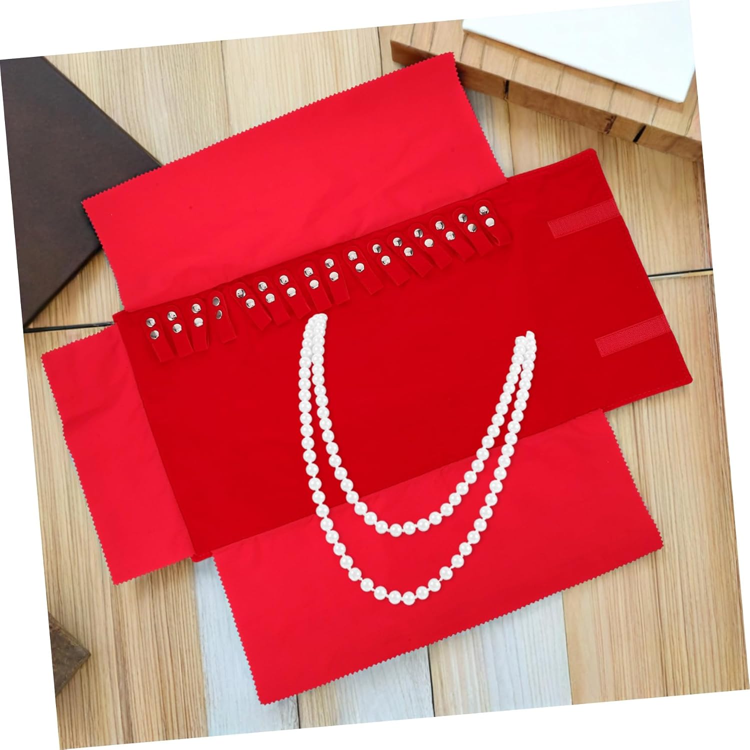 Holibanna Portable Travel Jewelry Organizer Roll Bag for Necklaces and Accessories Red Velvet Necklace Storage Pouch with Compartments Lightweight and Compact Jewelry Holder for Stylish Go