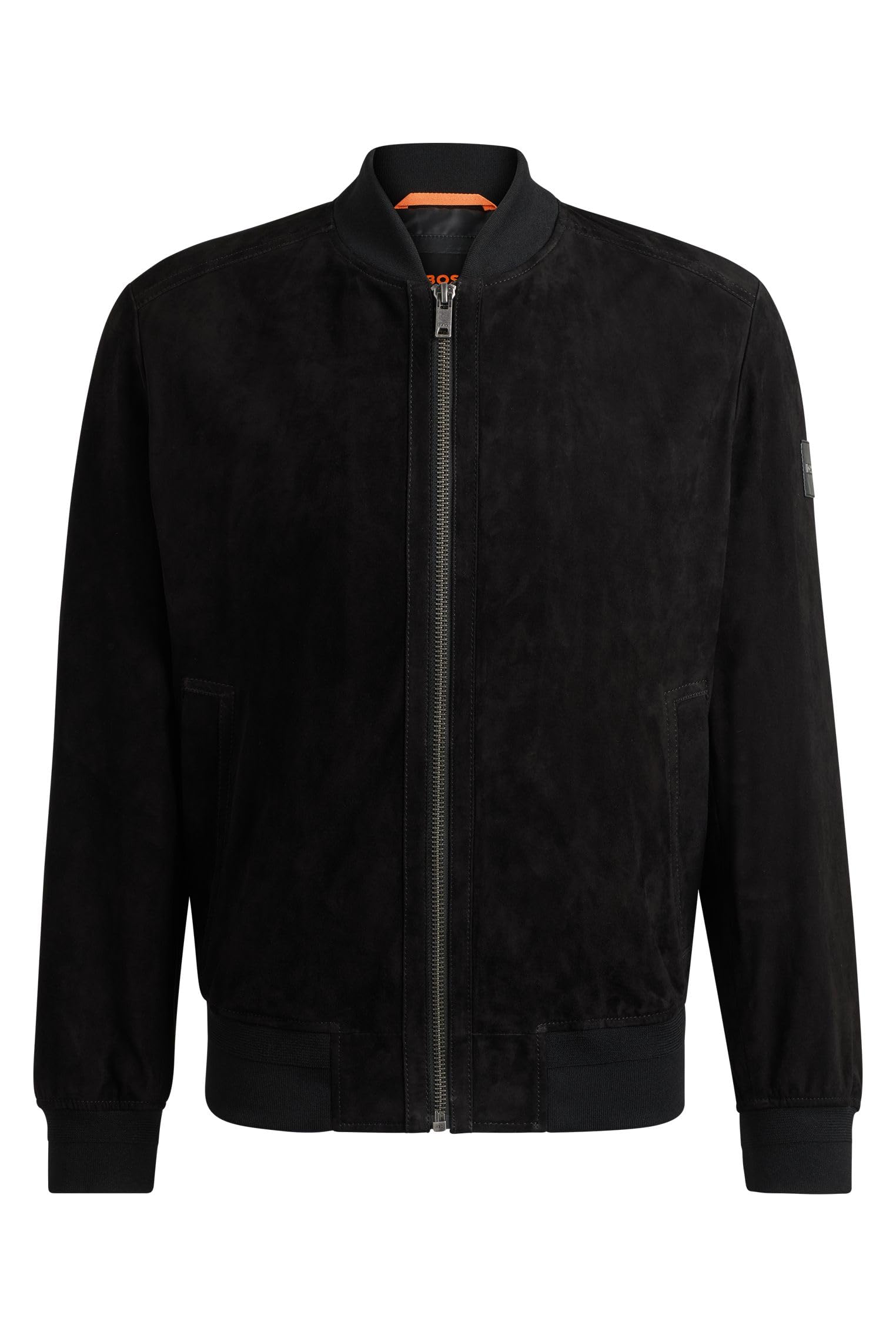 BOSS Mens Joflag Ribbed-Trim Bomber Jacket in Suede