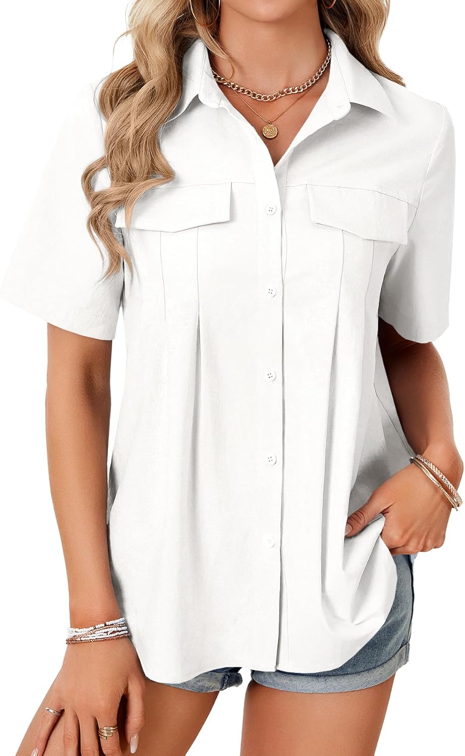 LYAENR Women's Loose Collar V Neck Pleated Button Down Short Sleeve Work Blouse Shirt Top - Image 2