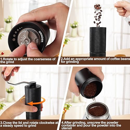 Miniatura 8 de Molinillo de café manual desmontable de acero inoxidable con rebabas cónicas de aluminio con 25 ajustes de molienda, cepillo de limpieza, molienda