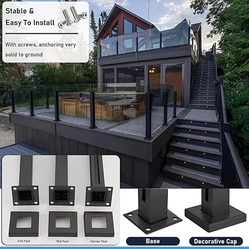 Miniatura 6 de Poste de barandilla de vidrio de 41 pulgadas, poste de barandilla de vidrio negro de acero inoxidable 304 con ranuras para espiga y base resistente