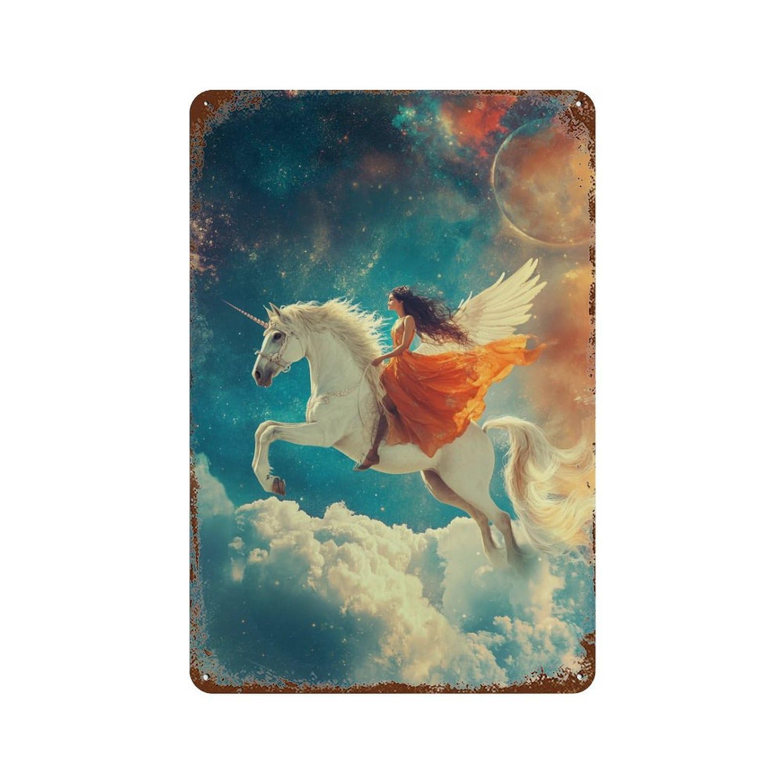 Garage Style Fantasy Unicorn Ride in Space -1 Weathered Tin Sign 11.8"x7.9", Old School Wall Decor for Bar And Workshop