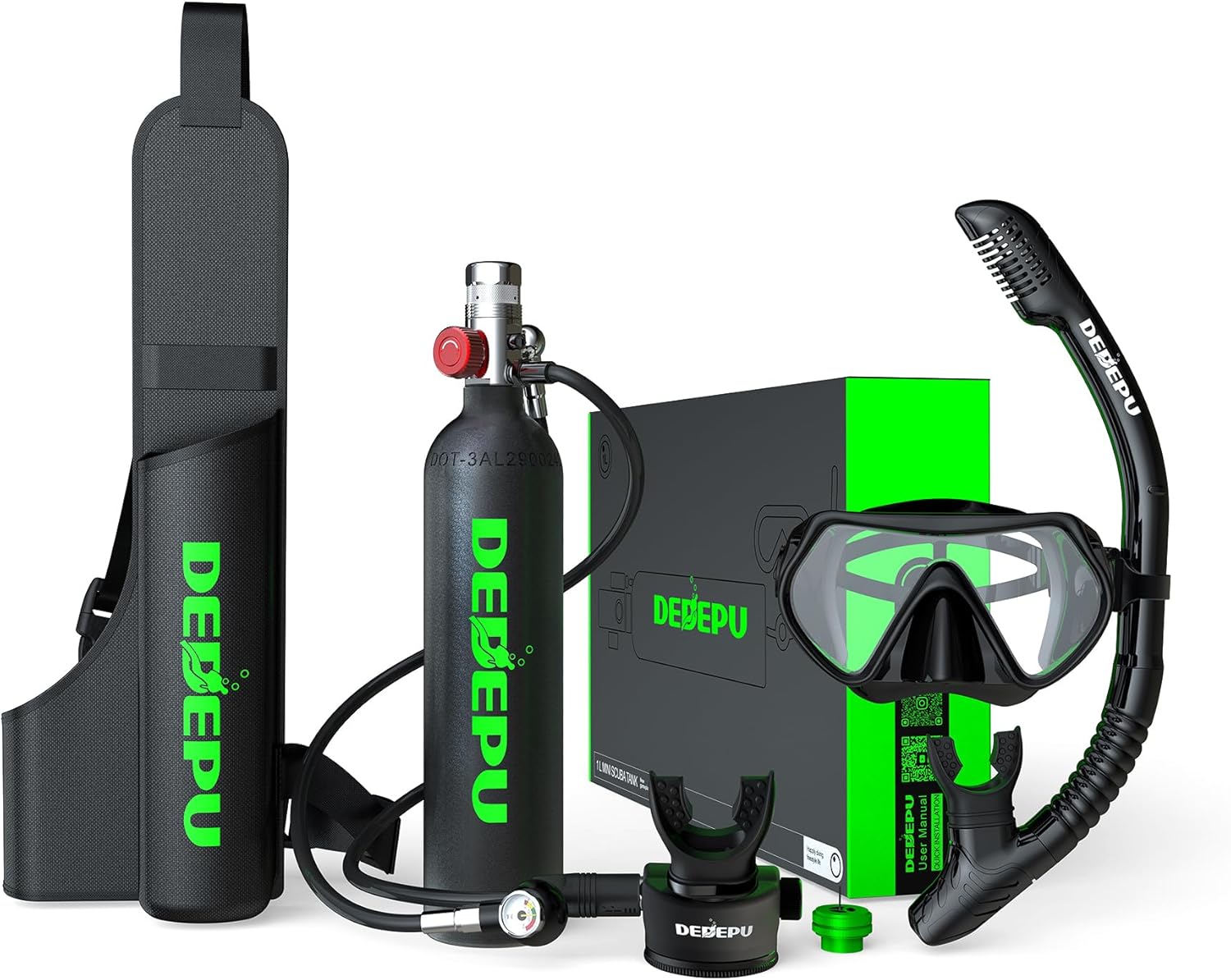 DEDEPU Mini Scuba Tank, 1L Dive Portable Lungs Air Tank with Snorkel Mask, 15-20 Minutes Diving Time, Underwater Breathing Diving Gear, Backup Air Cylinder Emergency Rescue Pony Bottle