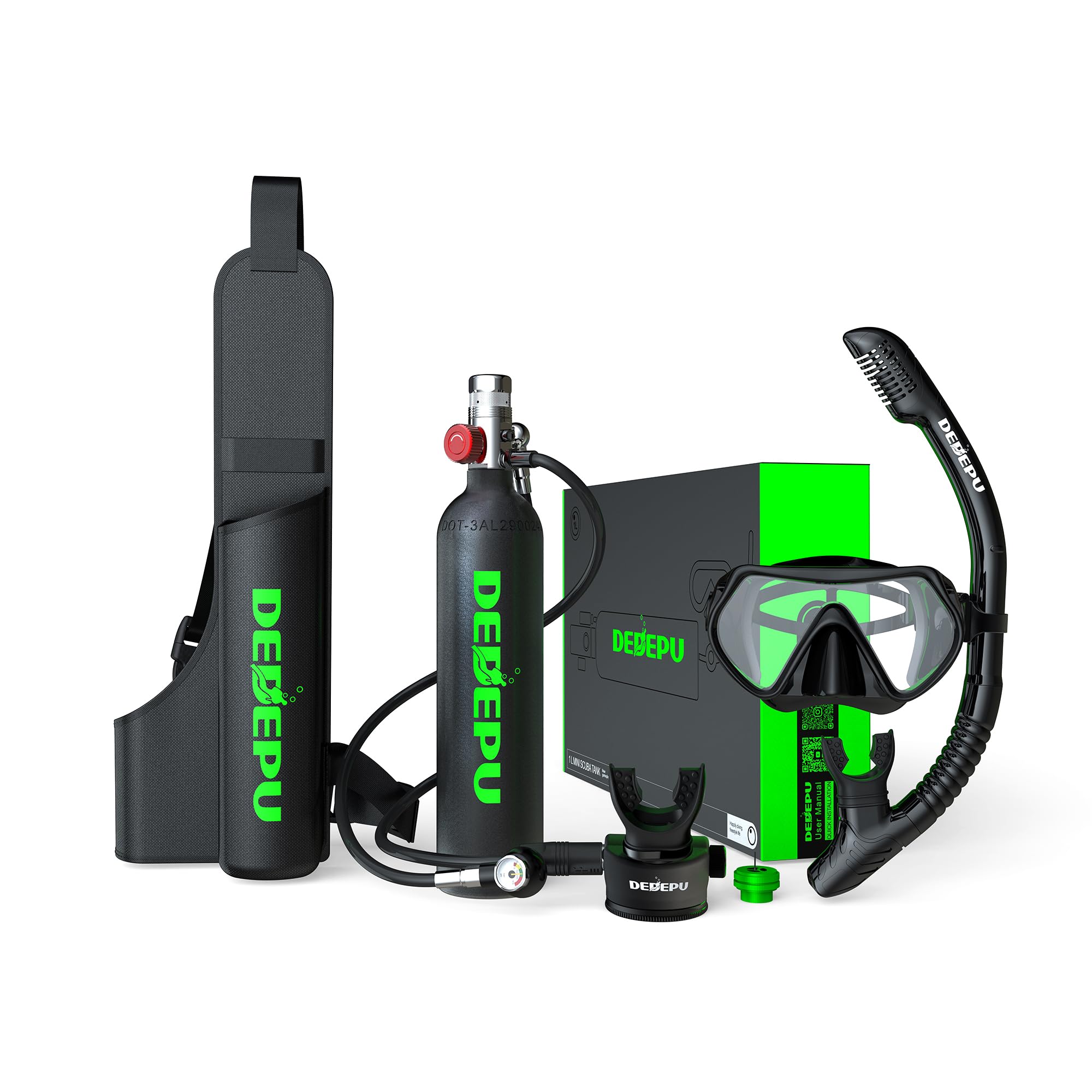 DEDEPU Mini Scuba Tank, 1L Dive Portable Lungs Air Tank with Snorkel Mask, 15-20 Minutes Diving Time, Underwater Breathing Diving Gear, Backup Air Cylinder Emergency Rescue Pony Bottle