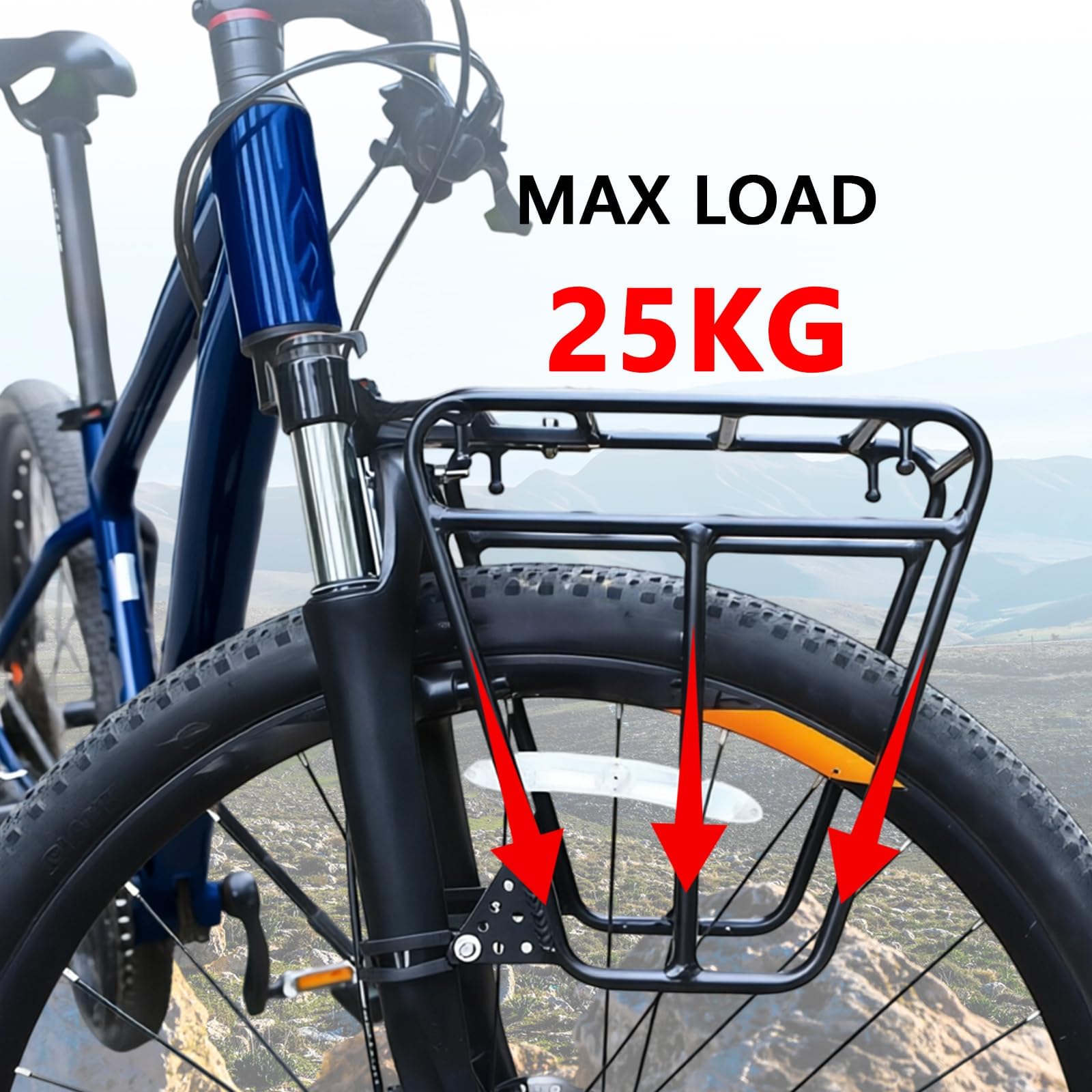 Fahrrad Gepäckträger, Vorderrad-Frontträger aus Stahl, mit effektiver Schockdämpfung,speziell geeignet für MTB-Federgabeln mit Montageloch an der Gabelbrücke, perfekt für Straßen- und Offroad-Fahrten.