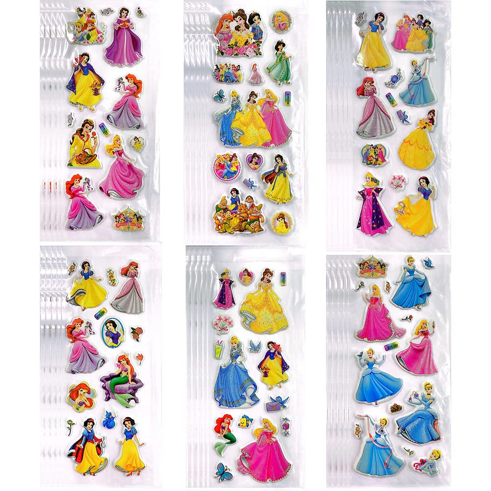 FEIFEI'S BOW 24 Sheets Kids Toddlers 3D Princess Puffy Stickers Party Bag Fillers Boys Girls Teachers as Reward Craft Scrapbooking Animals Trucks Airplane (Princess)