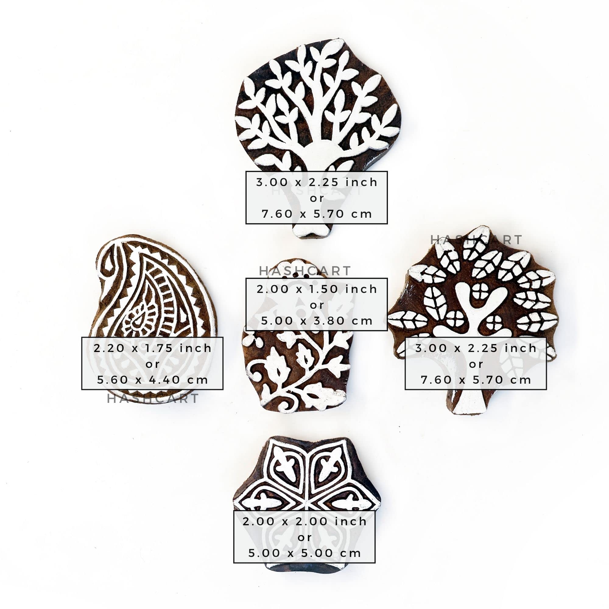 Hashcart | Set of 5 | Paisley and Tree Design Wooden Stamps Printing Blocks for Pottery Crafts Tattoo Handcarved Indian Textile Printing Blocks 1