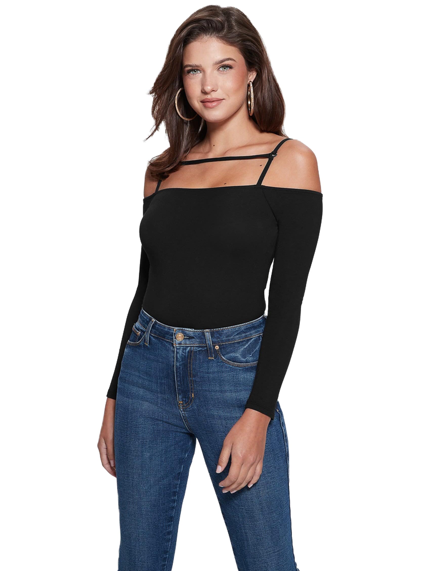 GUESS Women's Long Sleeve Malaya Harnessed Bodysuit, Jet Black, Small