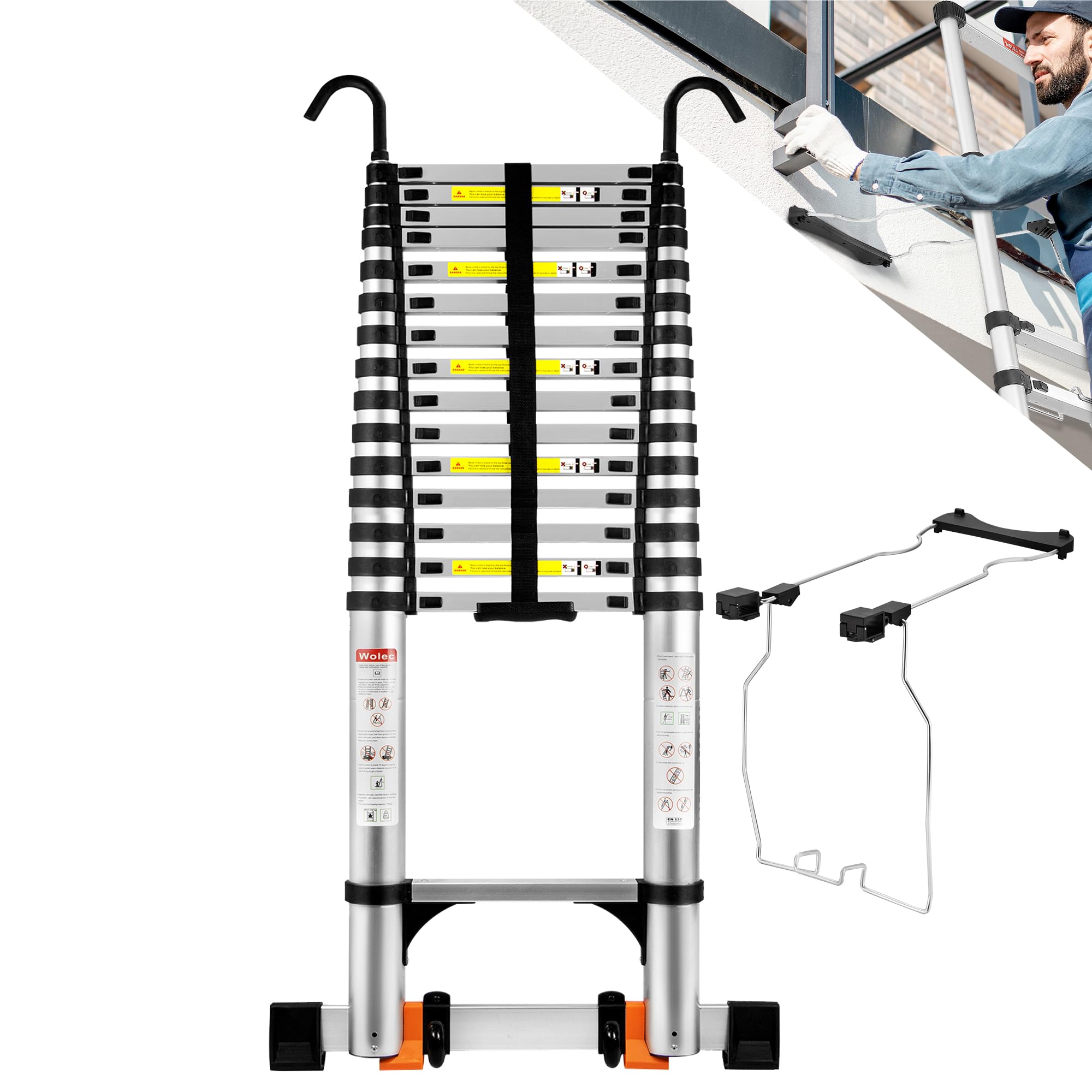 Telescoping Ladder&Ladder Stabilizer, 20.3 FT Aluminum Portable Extension Ladder w/Hooks, Stabilizers& Wheels, Heavy Duty 330lbs Max Capacity -Silver