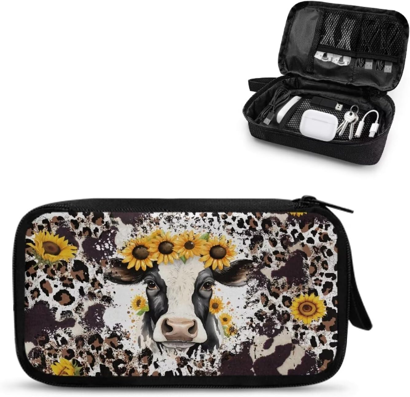 HUGS IDEA Small Cable Organizer Bag Sunflower Cow Leopard Print Charger Organizer Case Pouch for Travel Accessories & Electronics