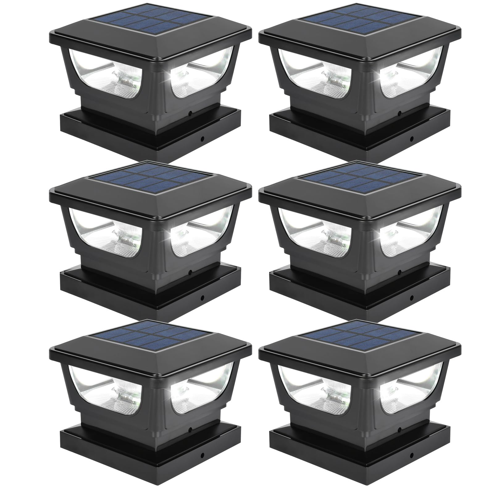 Sumaote Solar Post Lights, Outdoor Solar Post Cap Light Fits 4 x 4 Wood, 3x3 & 4x4 PCV/Vinyl Fence Posts Deck Light 6500K for Garden Yard Porch Railing, IP65 Waterproof, Black Shell, 6 Pack