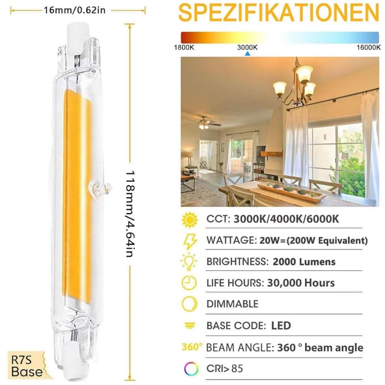 R7s-Led 118mm Dimmbar 20W Bulb Warmweiß 3000K 2000LM, J118 COB Double Ended Linear Lampen Ersatz für 200W Halogen, Kein Flackern, 360° Beam Angle für Stehlampe Deckenfluter Wandleuchte, 6 Stück