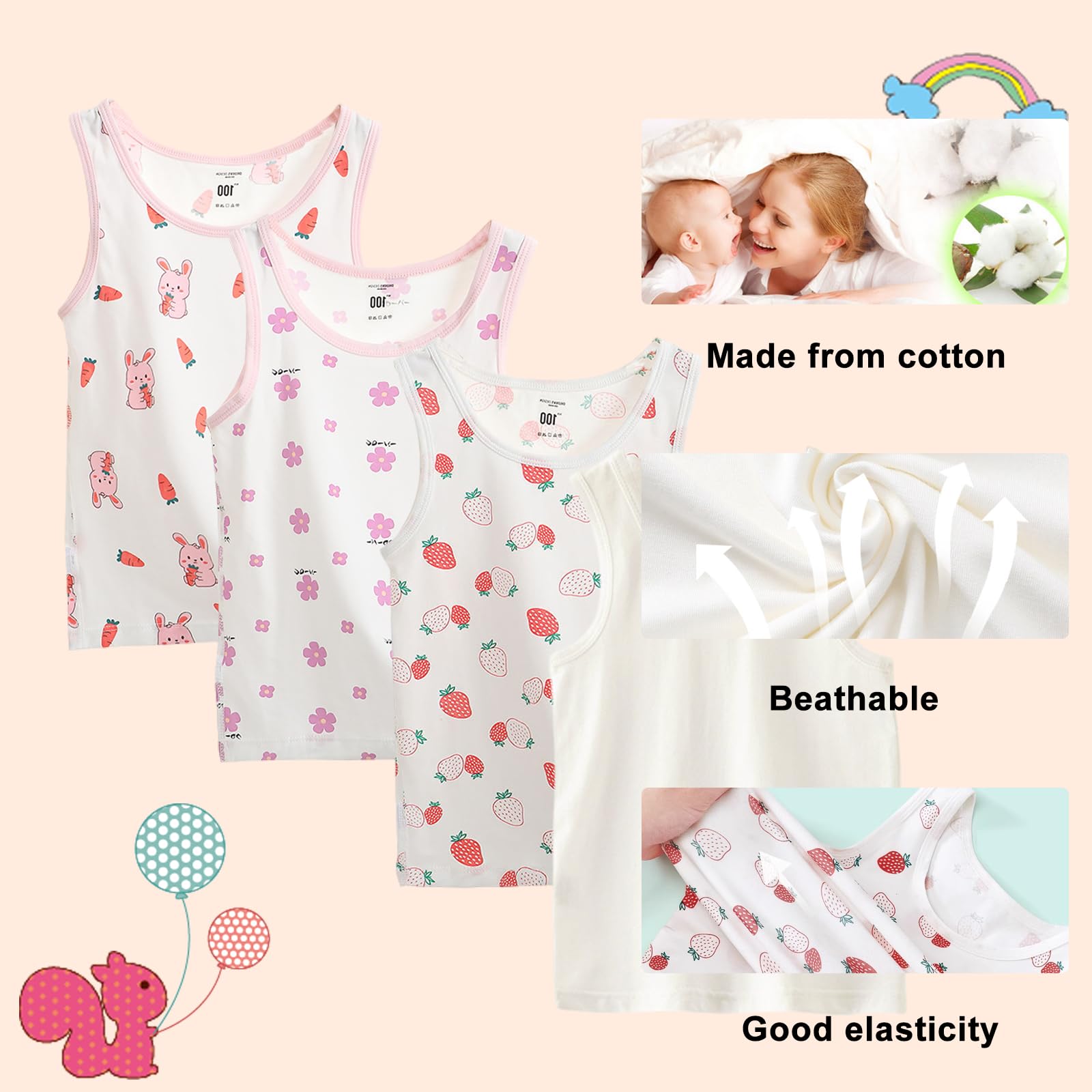 Lot de 4 débardeurs sans manches en coton respirant et doux pour tout-petits filles de 2 à 10 ans