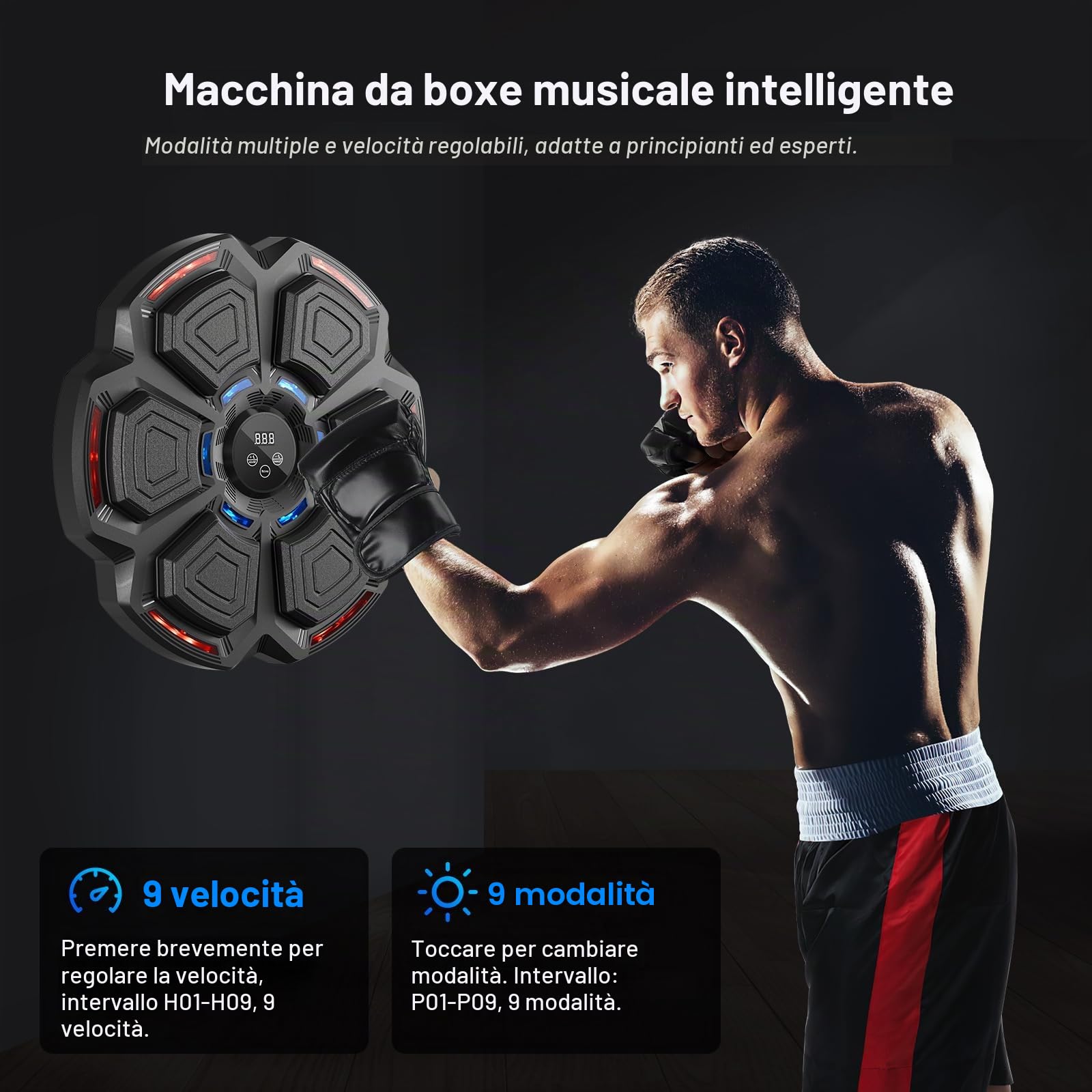 FOOING Macchina da Boxe Musicale Smart con Bluetooth, Luci LED e Livelli di velocità per Adulti e Bambini, Attrezzo per Allenamento con Guantoni da Boxe per Ridurre Lo Stress e Allenamento Domestico