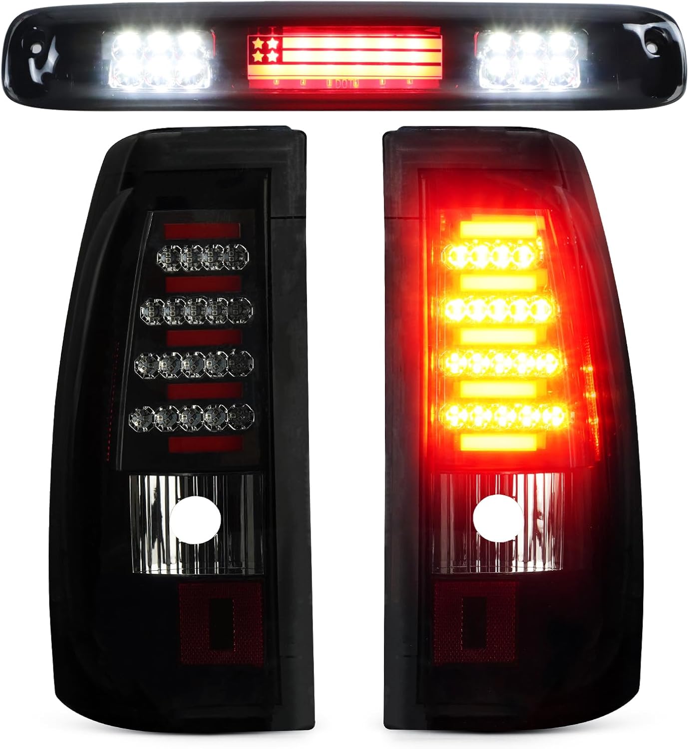 LED Tail Light + 3rd Third Brake Light Fit for Chevy Silverado GMC Sierra 1500 2500 3500 1500 HD 2500 HD 2003-2006, for Chevy Silverado GMC Sierra Classic Models 2007, 3 Pcs, Chrome Housing Smoke Lens