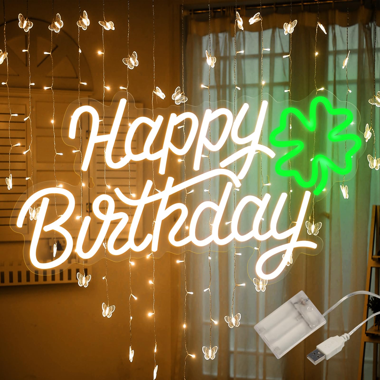 Photo 1 of Happy Birthday Neon Sign for Wall Decor, Battery or USB Powered Happy Birthday with Trefoil Led Sign for Birthday Party Decoration