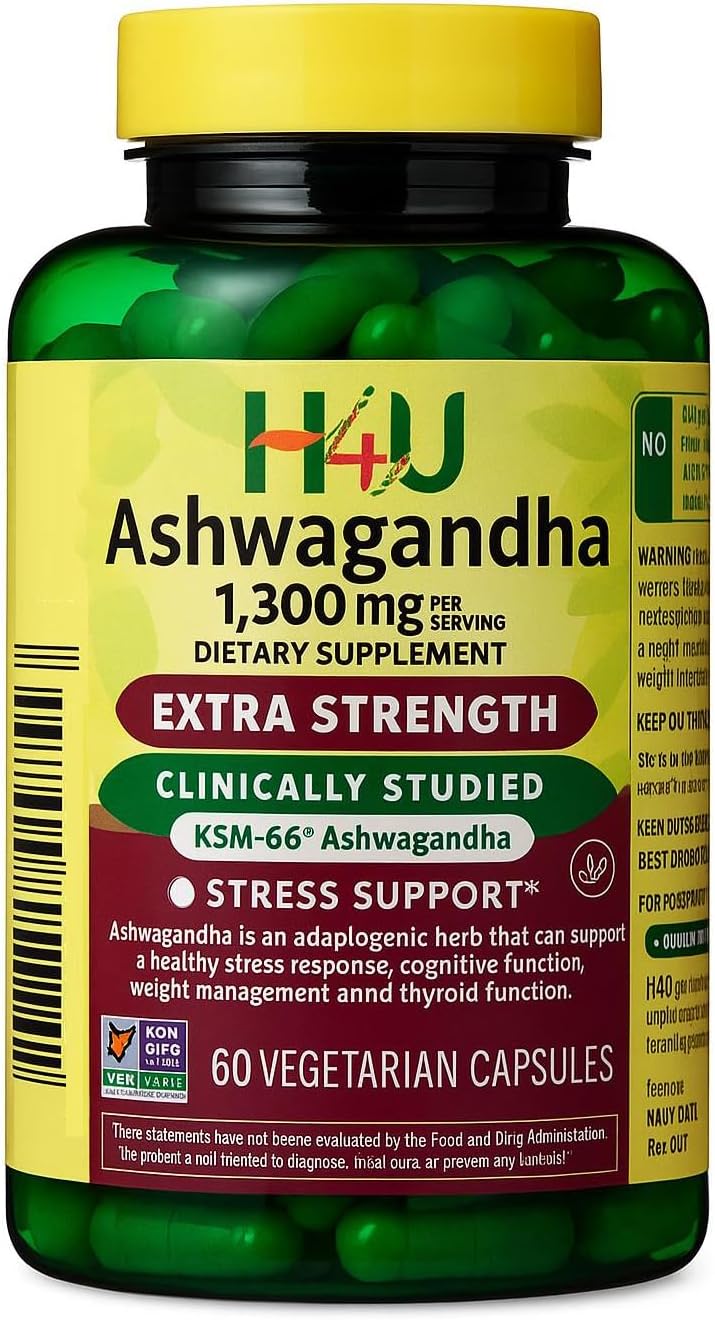 H4U 4 TOP Care Ashwagandha Dietary Supplement, 1300 mg, Stress Relief and Mood Enhancer, 60 Vegetarian Capsules