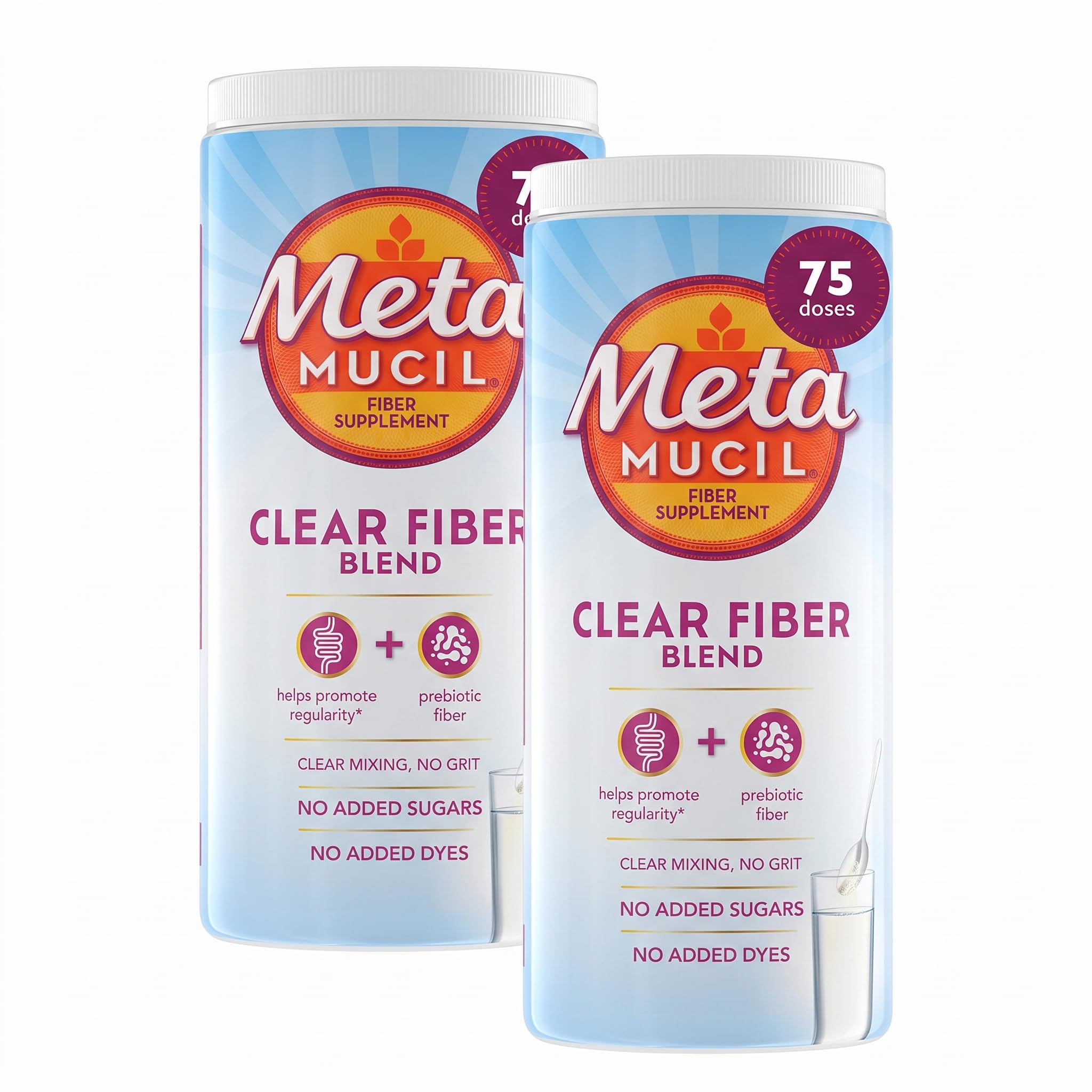 Metamucil Fiber Supplement,Unflavored Clear Mixing Powder,No Grit,No Sugar Added,Plant Based Prebiotic Fiber Supplement Blend for Daily Digestive Health,75 teaspoons,(Pack of 2)