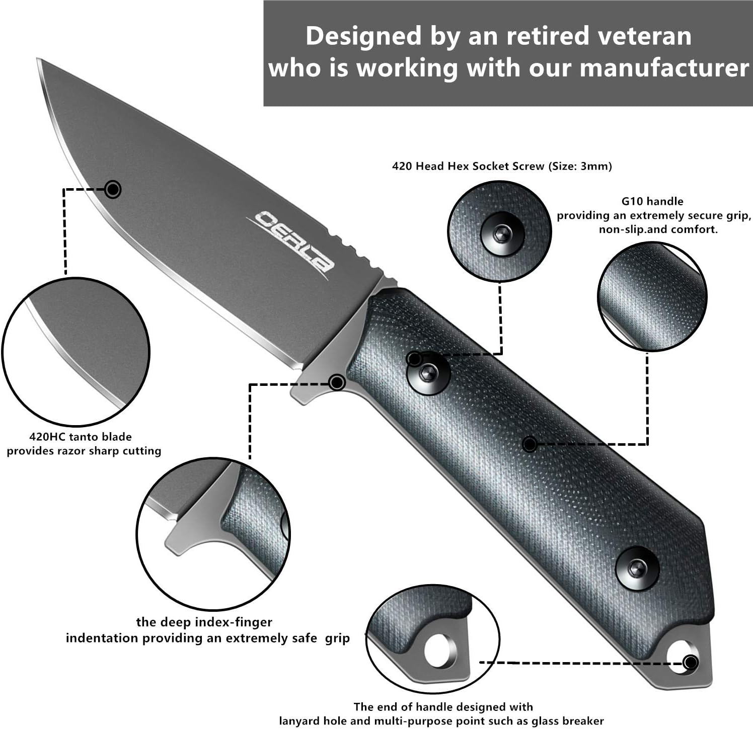 OERLA High Quality 420HC Heat Treatment Stainless Steel Field Knife Fixed Blade Fine Edge Tanto Blade Camping Knife G10 Handle and Waist Clip EDC Kydex Sheath (OLF-1008) Black : Sports & Outdoors