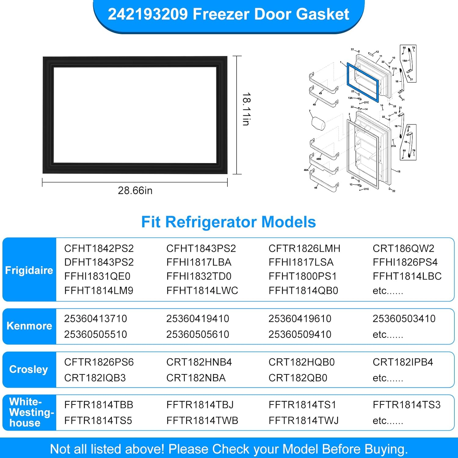 Upgraded 242193209 Refrigerator Door Gasket Compatible with Frigidaire Door Gasket Replacement, Fridge Freezer Door Gasket Seal For Kenmore Refrigerator Door Gasket PS9493821 AP5807083 3513465