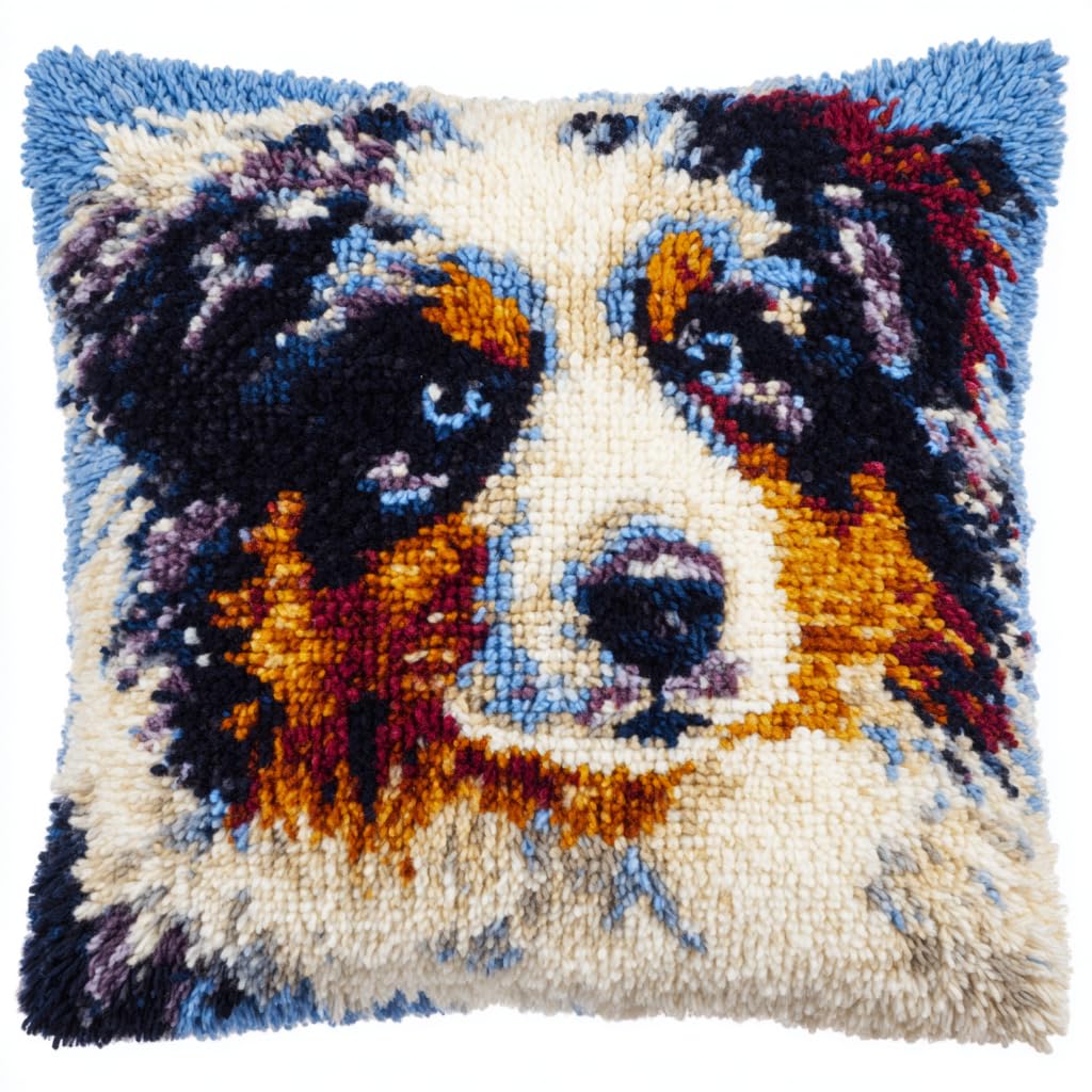 ANSIWEIGO Dog Latch Hook Cushion Kit – Australian Shepherd – 43x43 cm DIY Pillow Cover Kit for Adults & Kids – Cute Dog Design – Includes Canvas, Pre-Cut Yarn & Hook Tool – Crafts for Beginners
