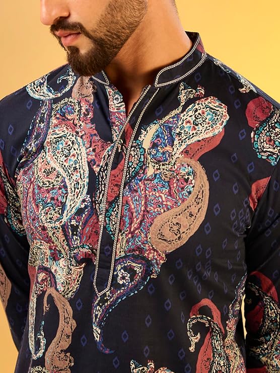 KISAH Men's Kurta - Printed Cotton Blend - Indian Wedding Outfit for Men - Ideal for Weddings and Festivals