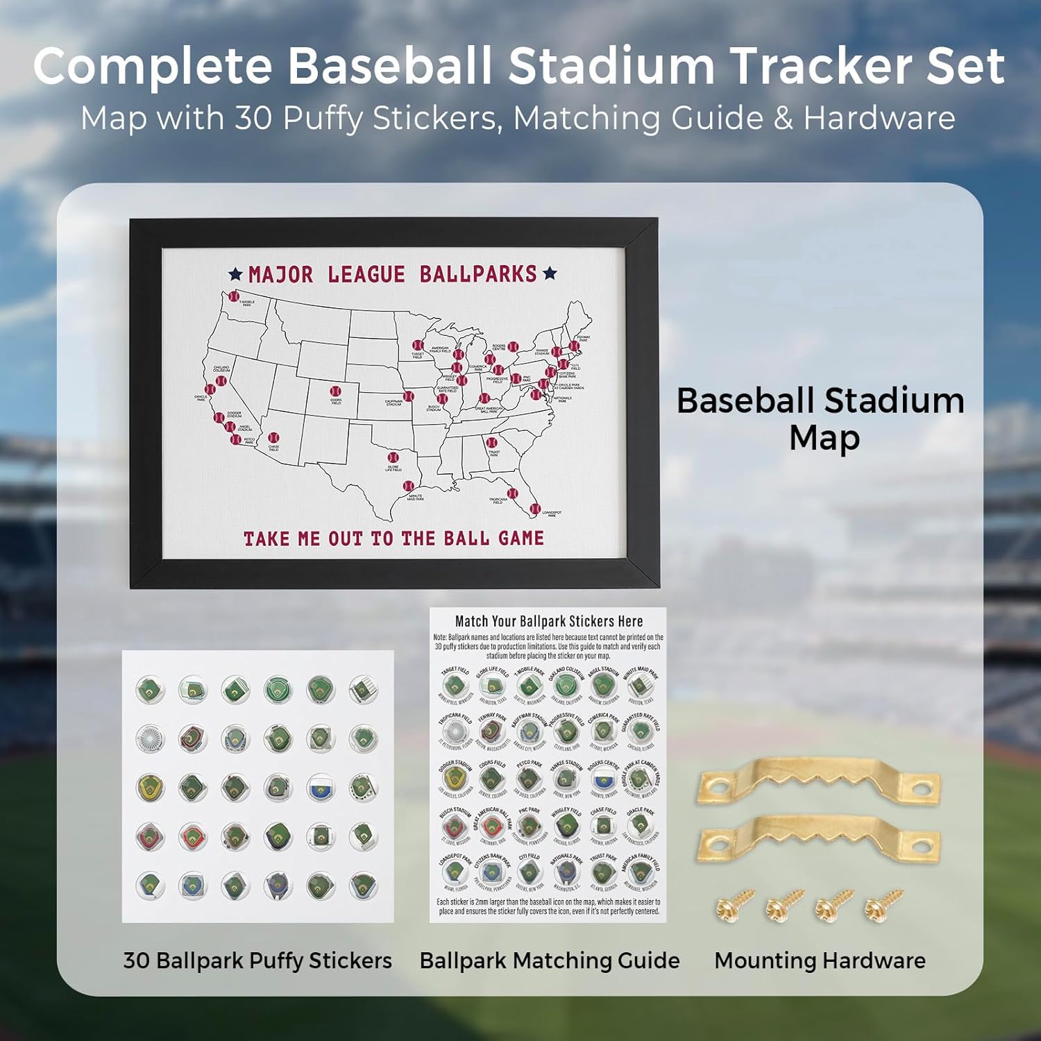Baseball Stadium Map Tracker, Includes 30 Major League Illustrated Ballparks Puffy Stickers, Ballparks Visited Map, Baseball Wall Decor Gift for Couples, Men, Boys