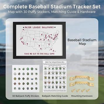 Baseball Stadium Map Tracker with 30 Major League Ballpark Puffy Stickers