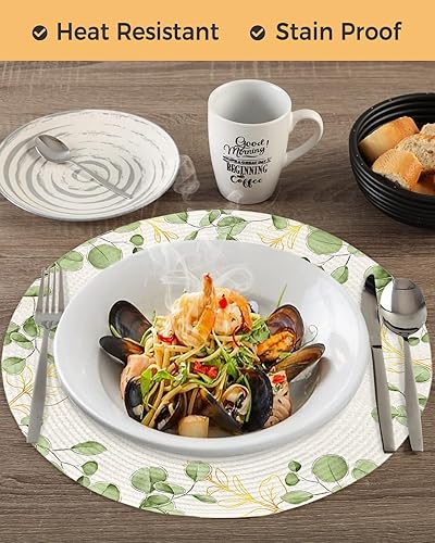 Miniatura 4 de Juego de 4 manteles individuales redondos, manteles individuales redondos de acuarela con hojas verdes para mesa de comedor, manteles individuales