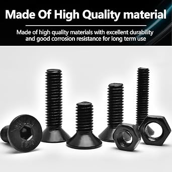 Metric Thread Flat Head Socket Cap Screws & Hex Nut Assortment Kit Set, 500pcs Alloy Steel 10.9 Class, M3 M4 M5, Black