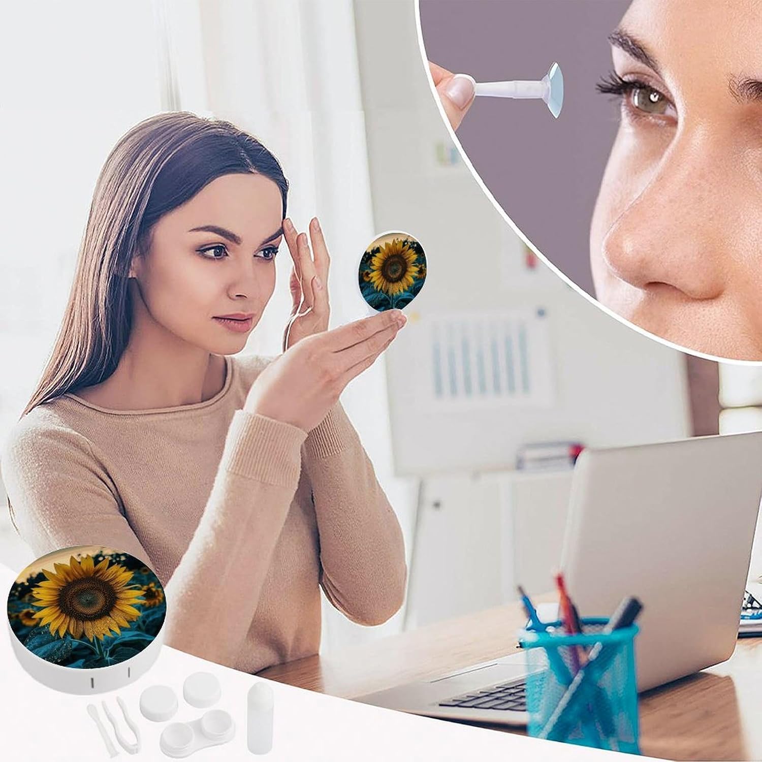 The Most Beautiful Sunflower Contact Lens Case Portable Contact Lens Applicator Removal Tool Kit Cute Round Eyeglass Cases with Mirror for Daily Vision Care And Outdoor Use