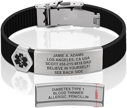 Divoti Pulsera de identificación de alerta médica de silicona grabada de doble cara personalizada con cierre de seguridad y banda de ajuste para