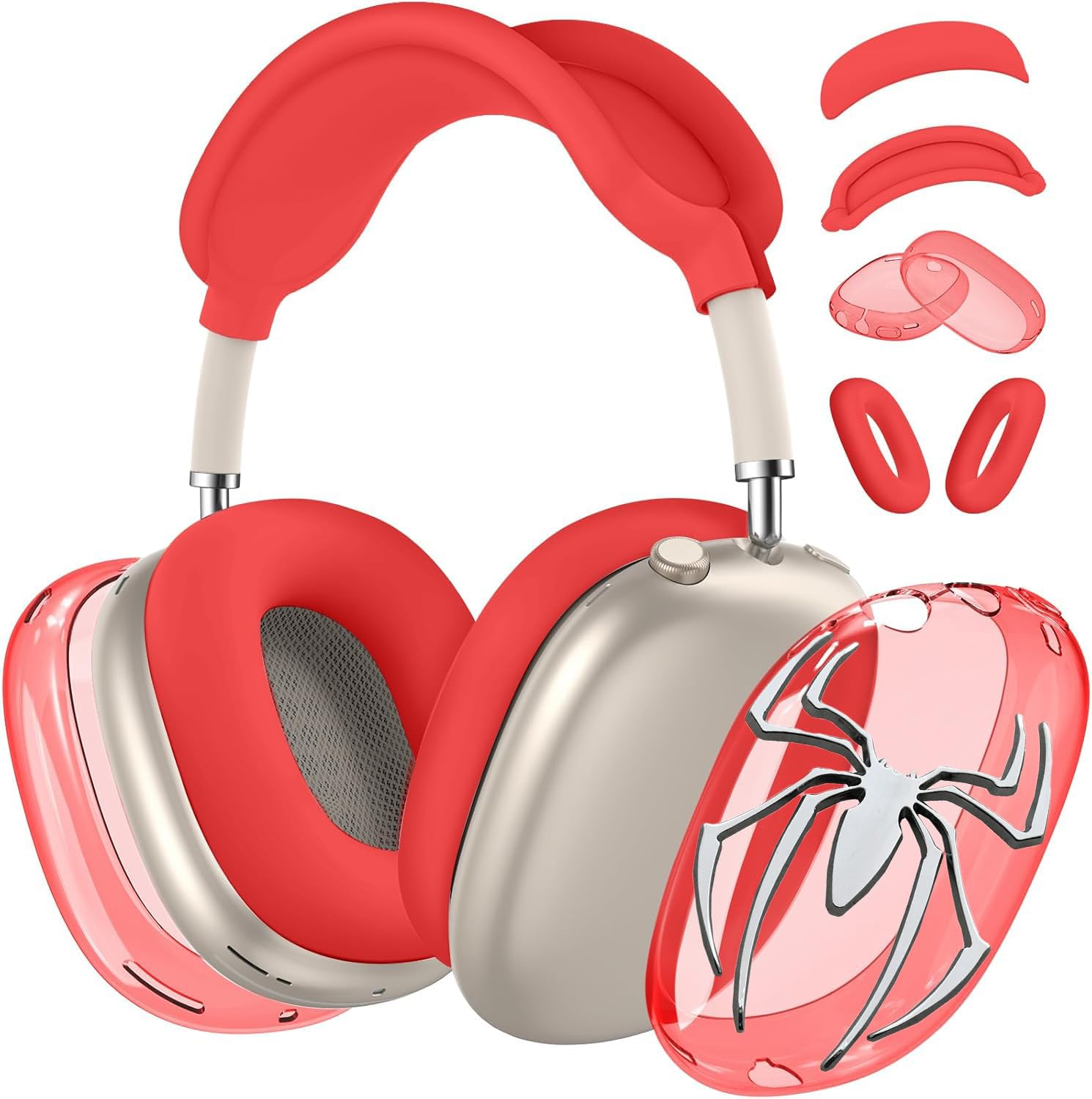 [4 in 1] Case Cover for AirPods Max Headphones (2024/2020) Ear Pad Case Cover/Headband Cover/Ear Cups Cover with 3D Spider Chrome Emblems Badges for