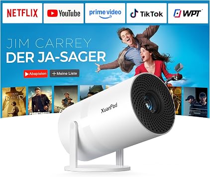 [Mini Beamer & Offizielle Lizenzierte App] XuanPad Weiß Smart Beamer 4K Unterstützung 22000 Lumen mit WiFi und Bluetooth, Tragbarer Native 1080P Outdoor Projektor mit 360° Ständer